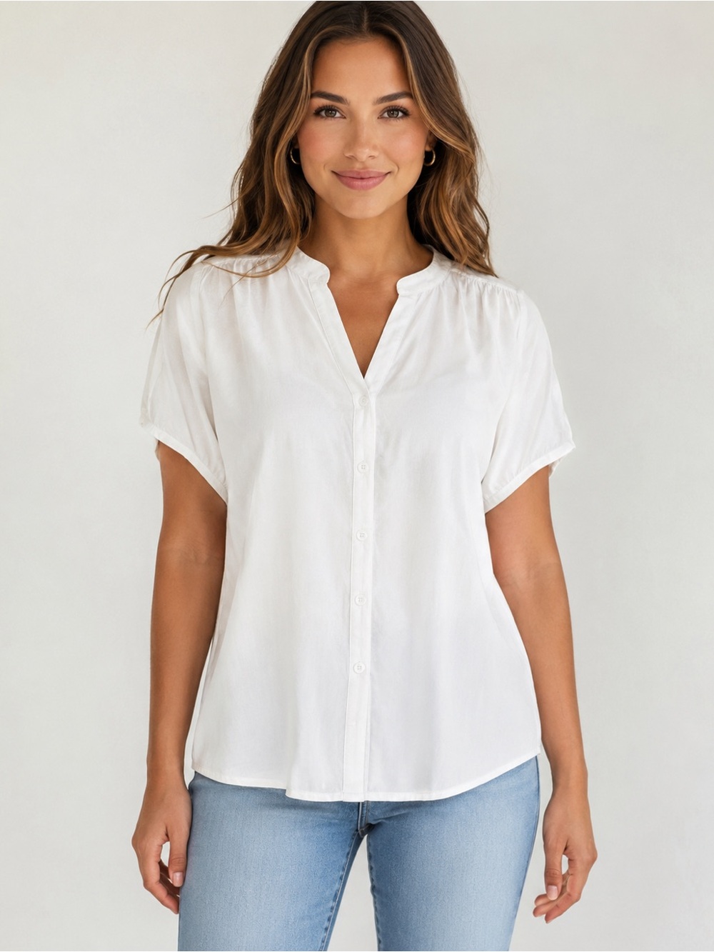 White Button Front Short Sleeve Blouse